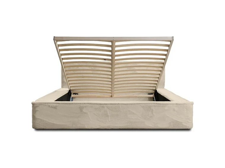 Cama con canapé ORLANE – Terciopelo beige de duna – 160x200 cm – Somier elevable – Diseño de alta gama