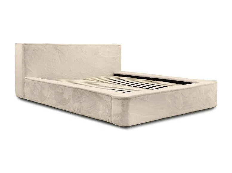 Cama con canapé ORLANE – Terciopelo beige de duna – 160x200 cm – Somier elevable – Diseño de alta gama