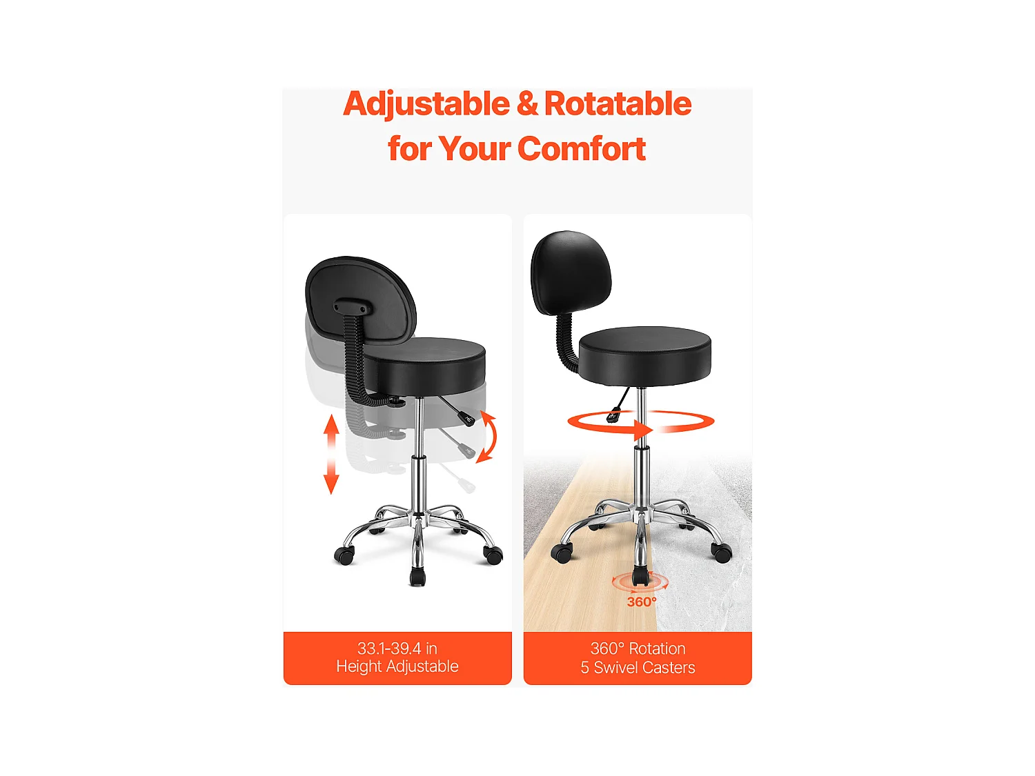 Tabouret de Travail, SucceBuy Tabouret Roulant Rond avec Dossier Réglable en Hauteur Noir