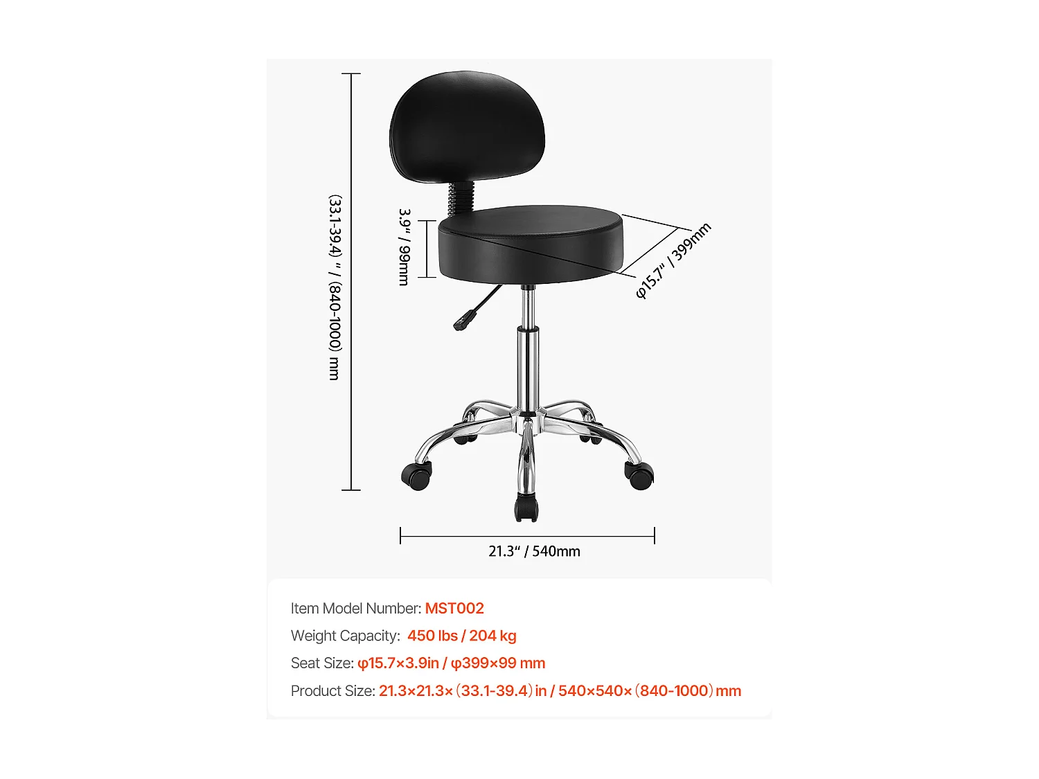 Tabouret de Travail, SucceBuy Tabouret Roulant Rond avec Dossier Réglable en Hauteur Noir