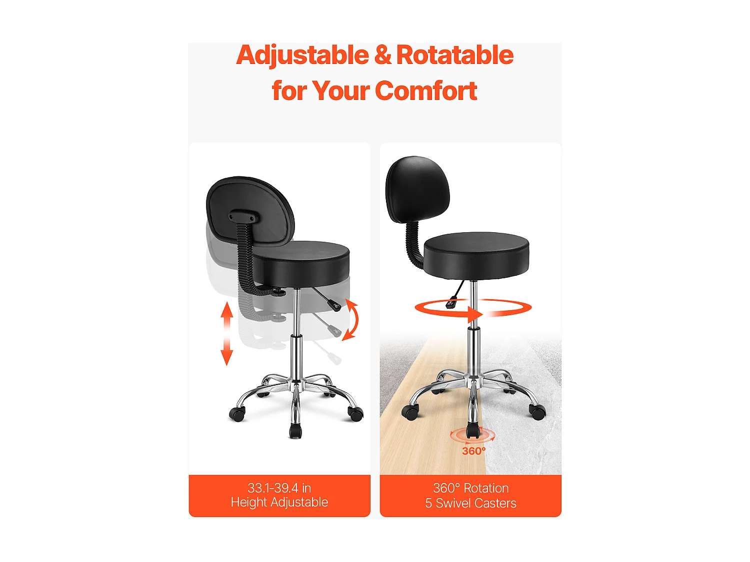 Tabouret de Travail, SucceBuy Tabouret Roulant Rond avec Dossier Réglable en Hauteur Noir