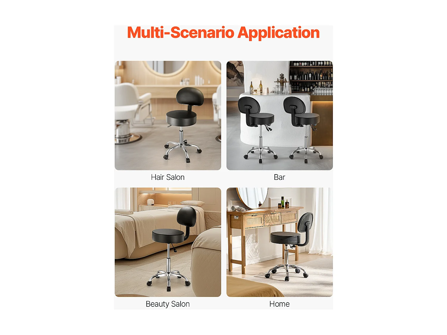 Tabouret de Travail, SucceBuy Tabouret Roulant Rond avec Dossier Réglable en Hauteur Noir