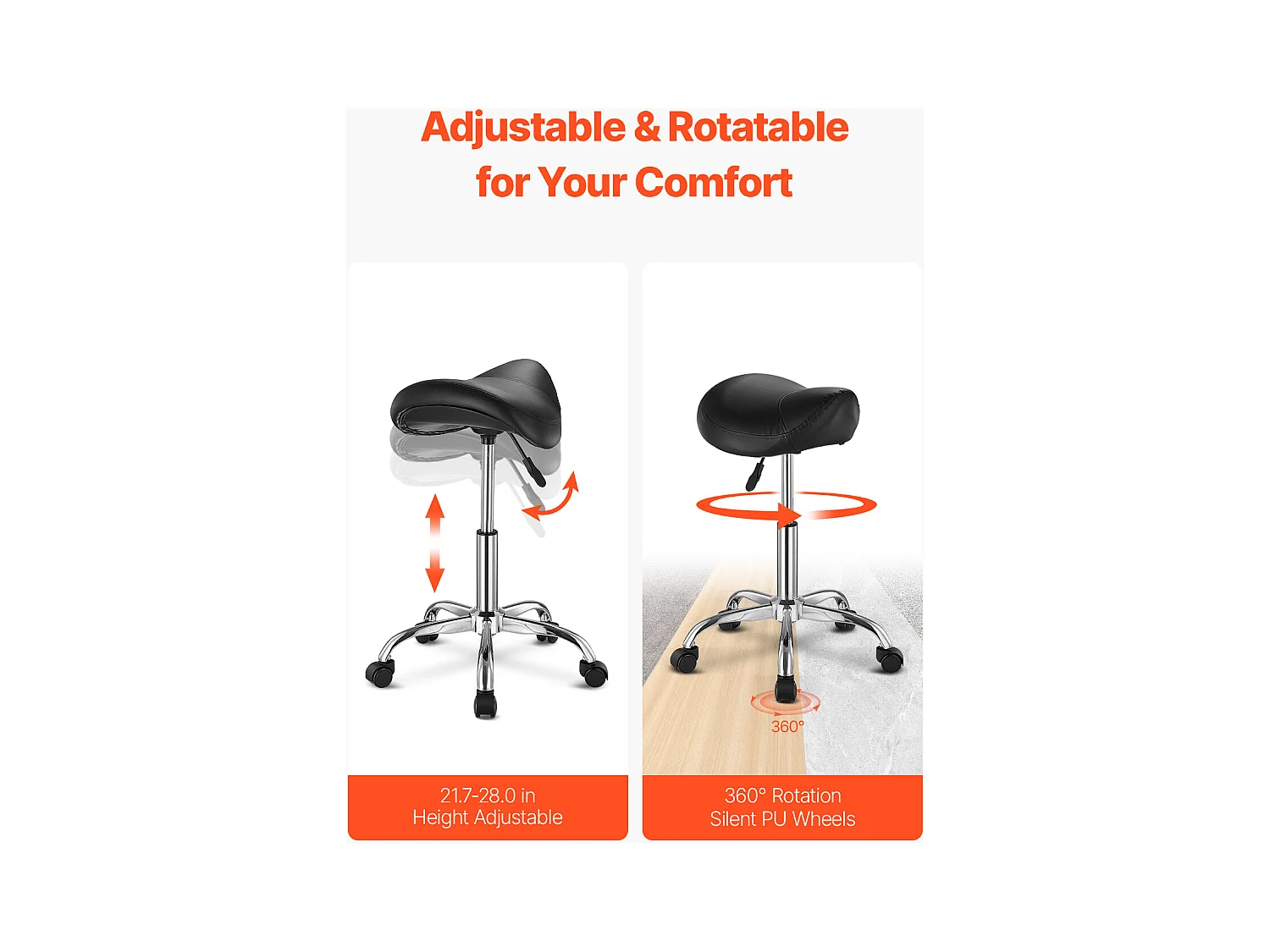 Tabouret Selle Ergonomique, SucceBuy Tabouret de Selle à Roulettes en Cuir PU Réglable Noir