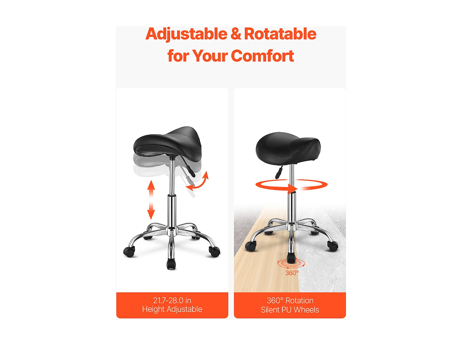 Tabouret Selle Ergonomique, SucceBuy Tabouret de Selle à Roulettes en Cuir PU Réglable Noir