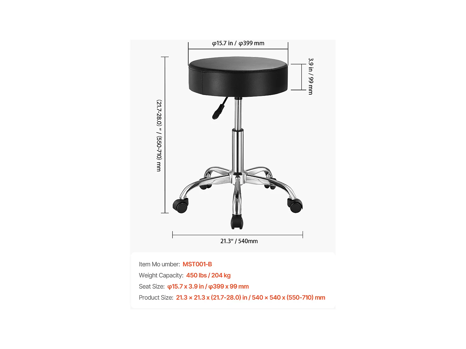 Tabouret de Travail, SucceBuy Tabouret à Roulettes Rond Noir, Hauteur Réglable, Pivotant, 204 kg