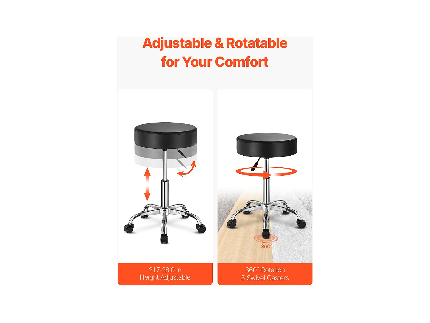 Tabouret de Travail, SucceBuy Tabouret à Roulettes Rond Noir, Hauteur Réglable, Pivotant, 204 kg