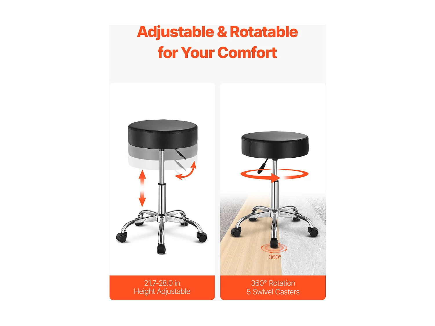 Taburete de Trabajo SucceBuy, Redondo, Negro, con Ruedas, Altura Ajustable, Giratorio, 204 kg