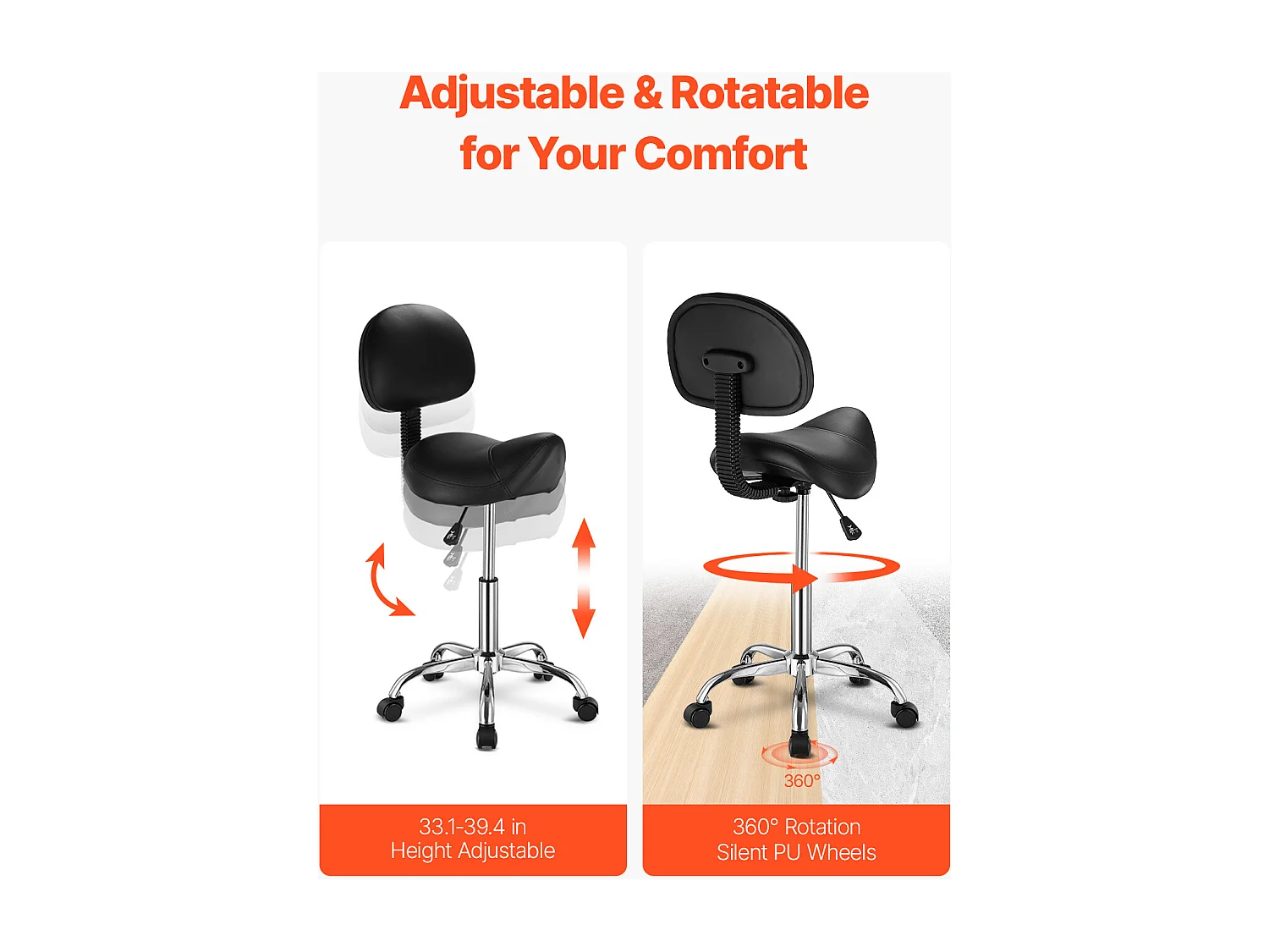 Banco Ergonómico Tipo Sela, SucceBuy Banco Tipo Sela com Encosto em Pele PU com Altura Ajustável, Preto