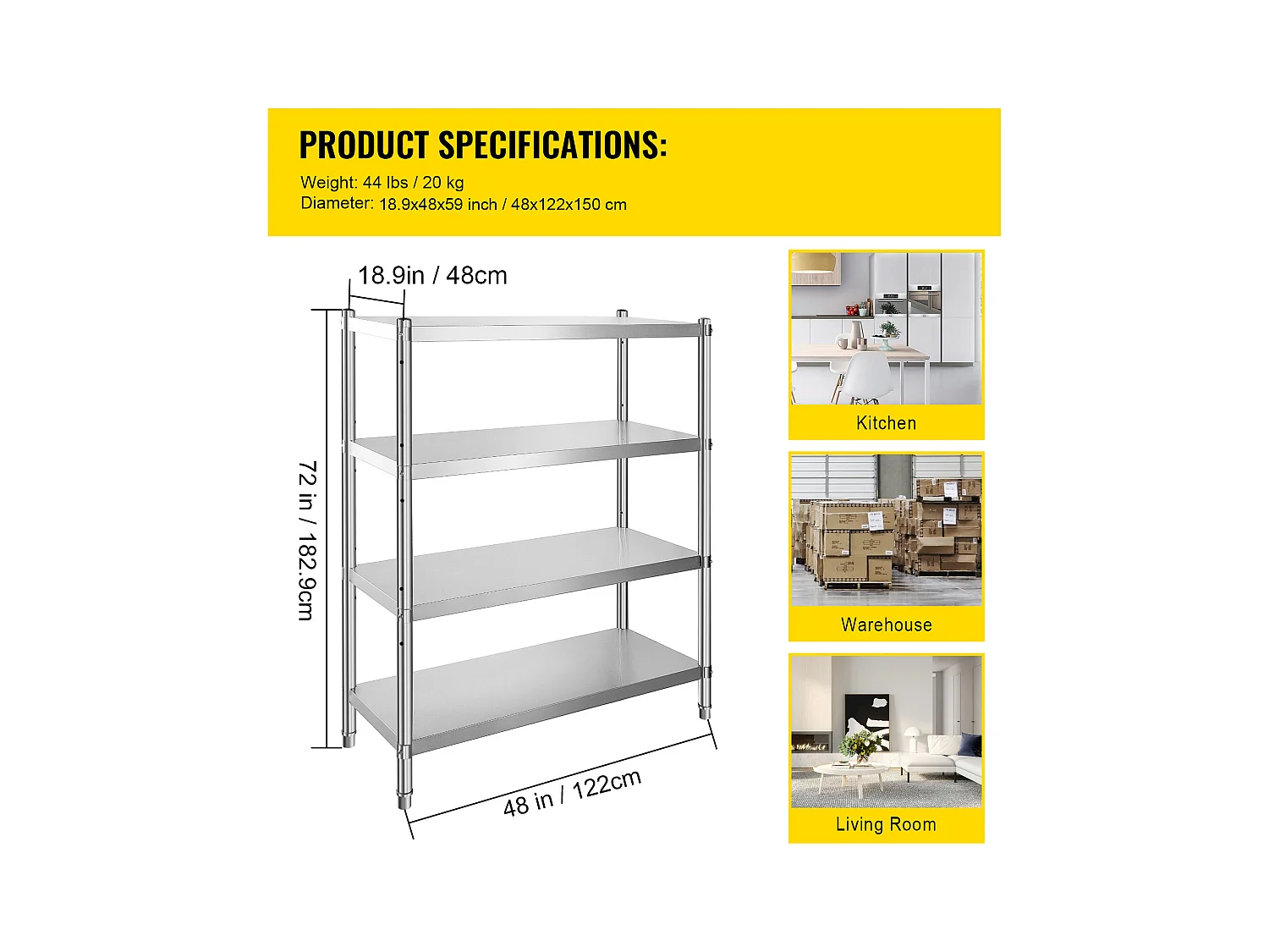 Rayonnages, SucceBuy Étagère en Acier Inoxydable, 4 Étagères, 122 x 48 x 150 CM, Capacité de Charge de 600 KG