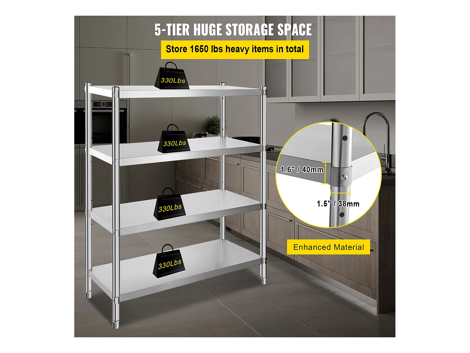 Rayonnages, SucceBuy Étagère en Acier Inoxydable, 4 Étagères, 122 x 48 x 150 CM, Capacité de Charge de 600 KG