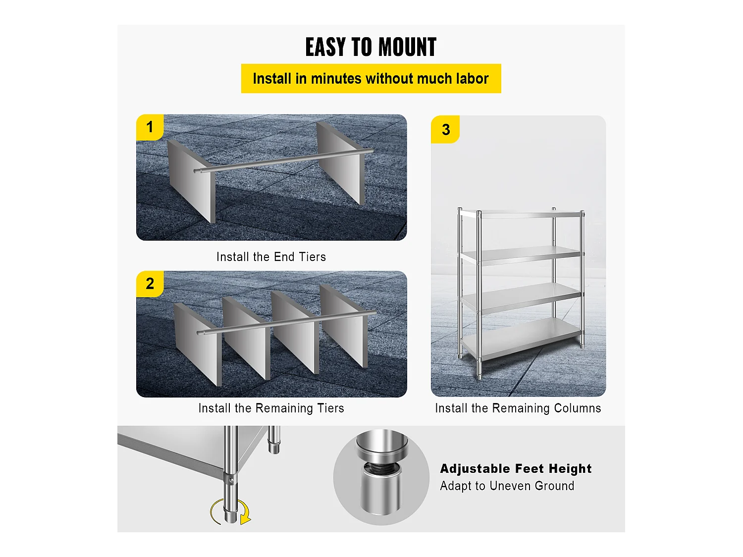 Rayonnages, SucceBuy Étagère en Acier Inoxydable, 4 Étagères, 122 x 48 x 150 CM, Capacité de Charge de 600 KG