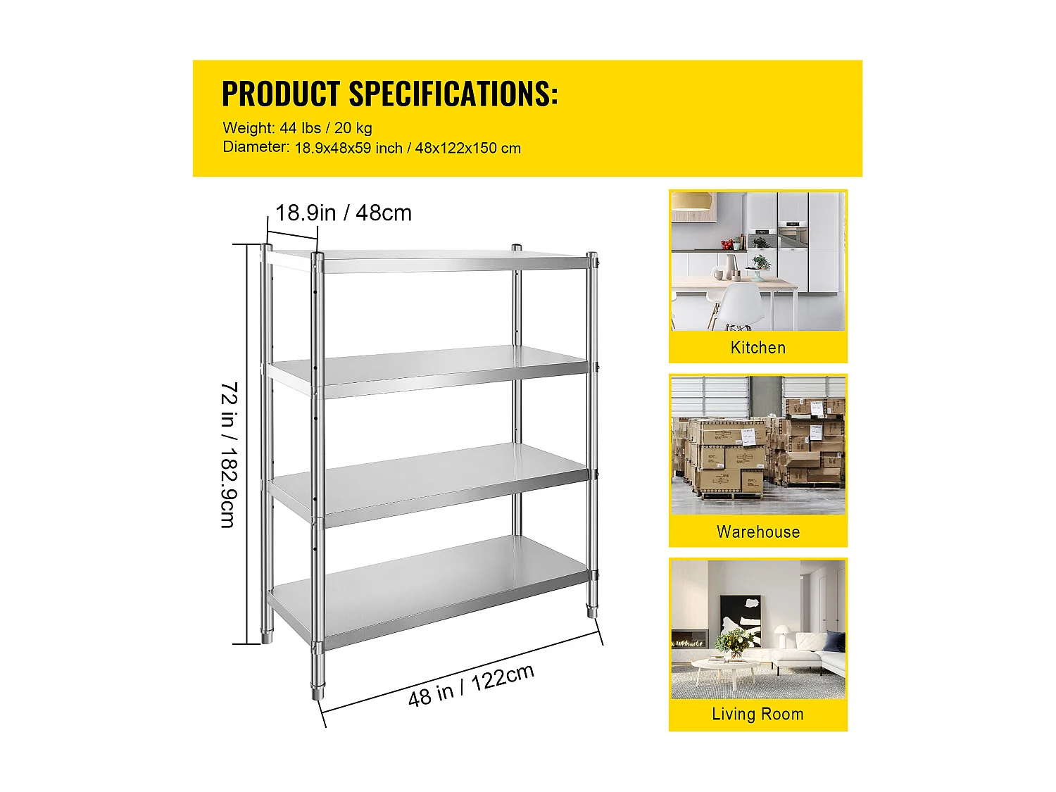 Rayonnages, SucceBuy Étagère en Acier Inoxydable, 4 Étagères, 122 x 48 x 150 CM, Capacité de Charge de 600 KG