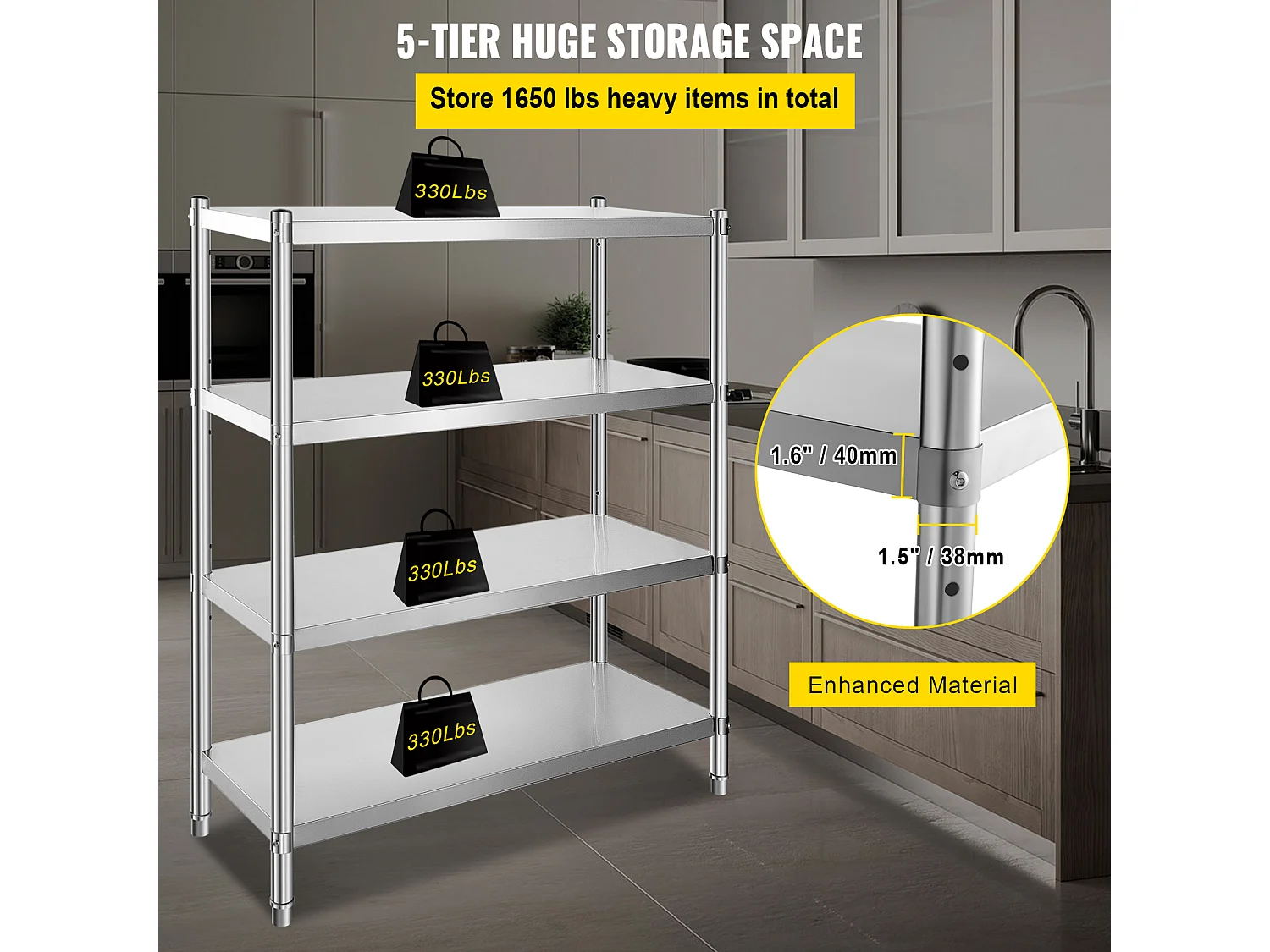 Rayonnages, SucceBuy Étagère en Acier Inoxydable, 4 Étagères, 122 x 48 x 150 CM, Capacité de Charge de 600 KG