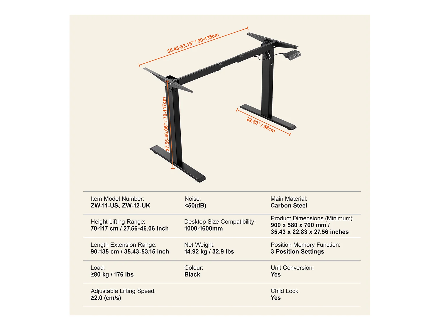 Cadre Debout de Bureau Électrique, SucceBuy, Station de Travail Debout, Réglable 70 À 117cm H, Équipement de Bureau Électrique pour Travail Debout