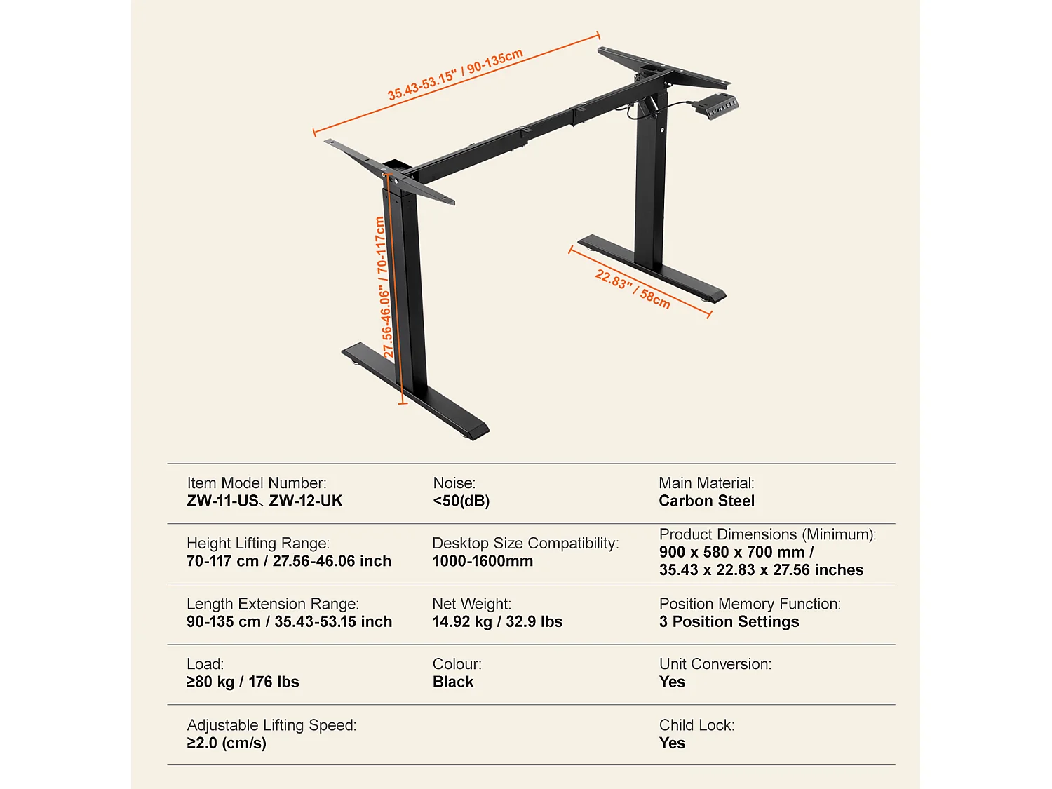Cadre Debout de Bureau Électrique, SucceBuy, Station de Travail Debout, Réglable 70 À 117cm H, Équipement de Bureau Électrique pour Travail Debout