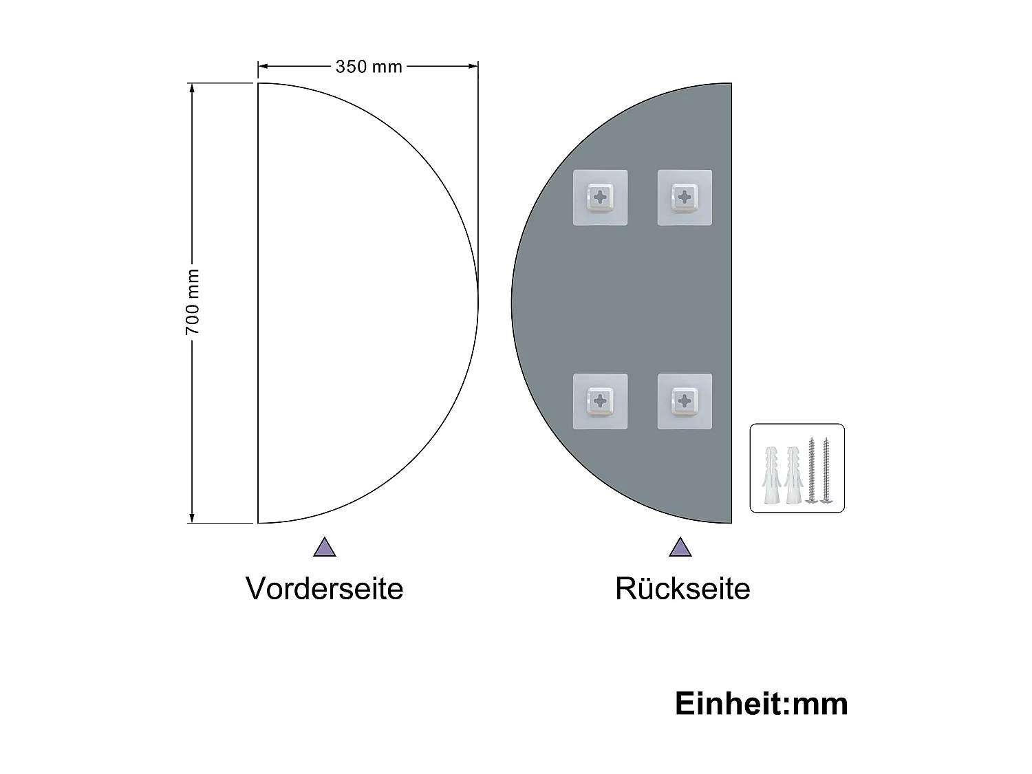 AICA Spiegel Halbrund Spiegel 70cm Wandspiegel für Badezimmer - D4 Serie