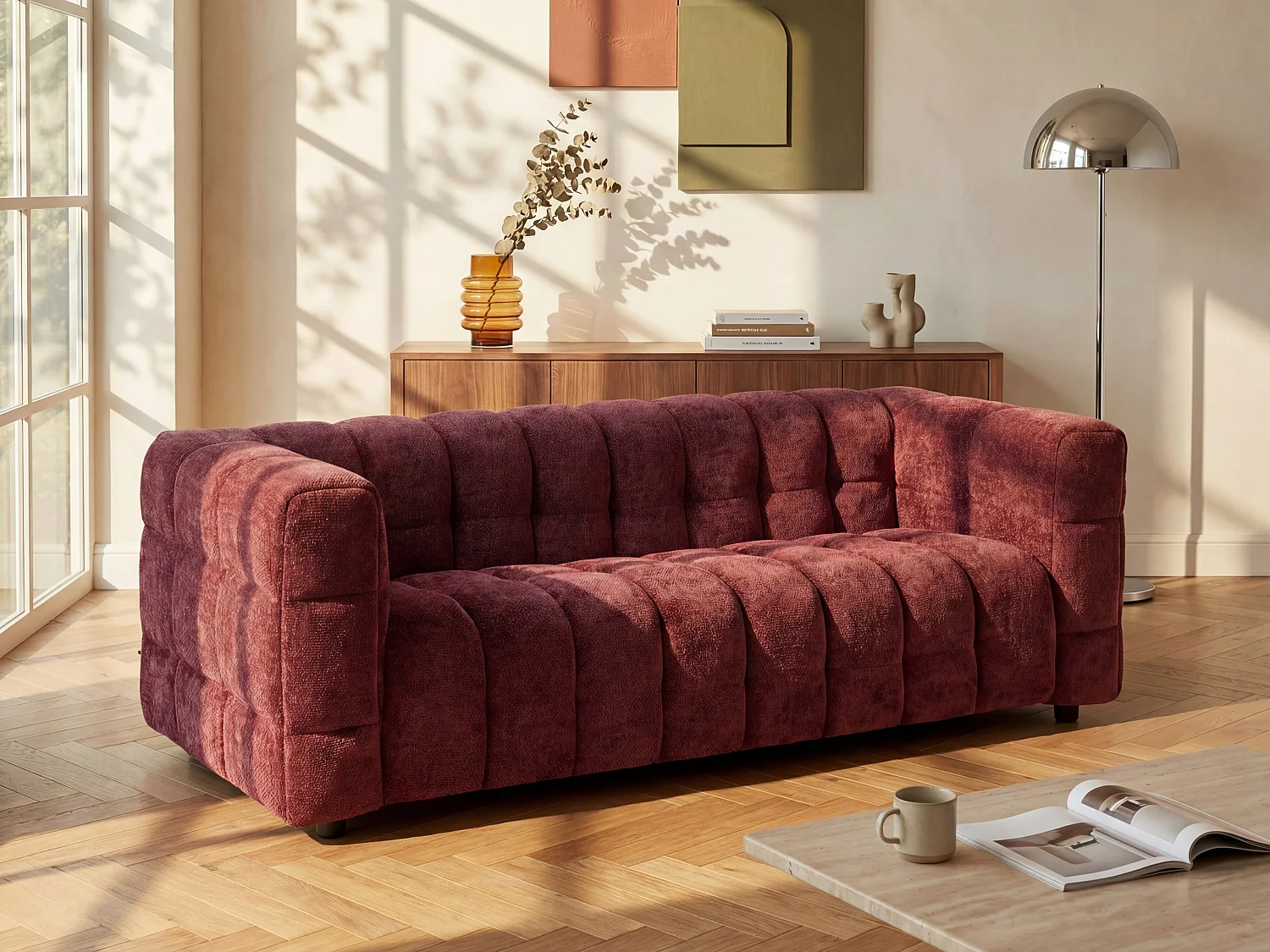 Canapé 3 places en tissu texturé bordeaux LERICI