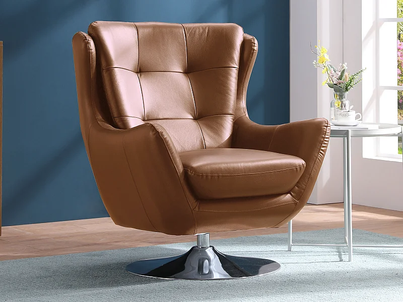 Fauteuil pivotant en cuir de buffle camel ANABA