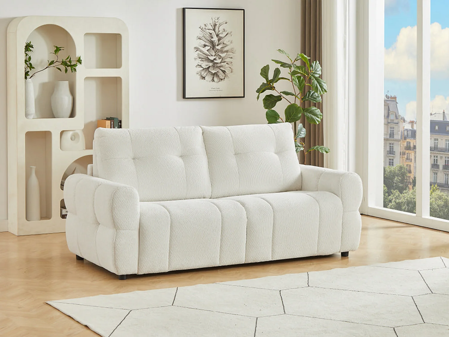 Canapé 3 places convertible en tissu chenille beige ECORIA