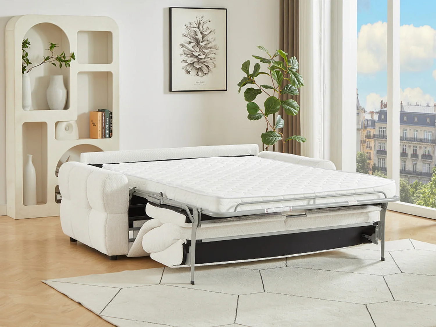 Canapé 3 places convertible en tissu chenille beige ECORIA