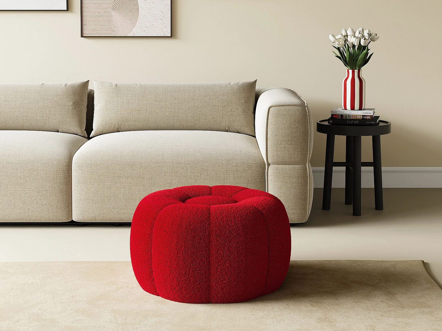 Hocker - Blumen-Design - Bouclé-Stoff - Rot - DELPODA