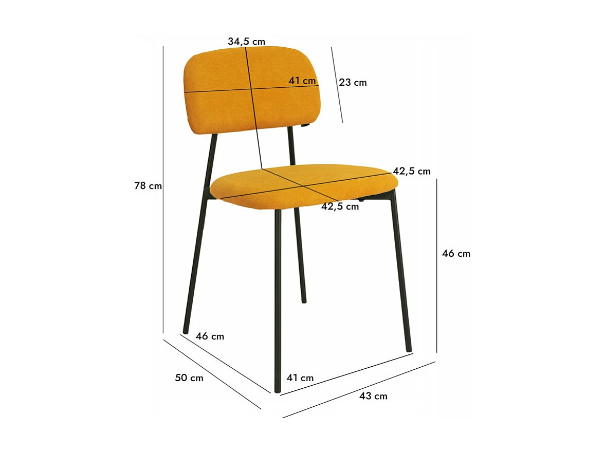 Lot de 2 chaises tissu jaune moutarde et pieds métal noir – DELILAH