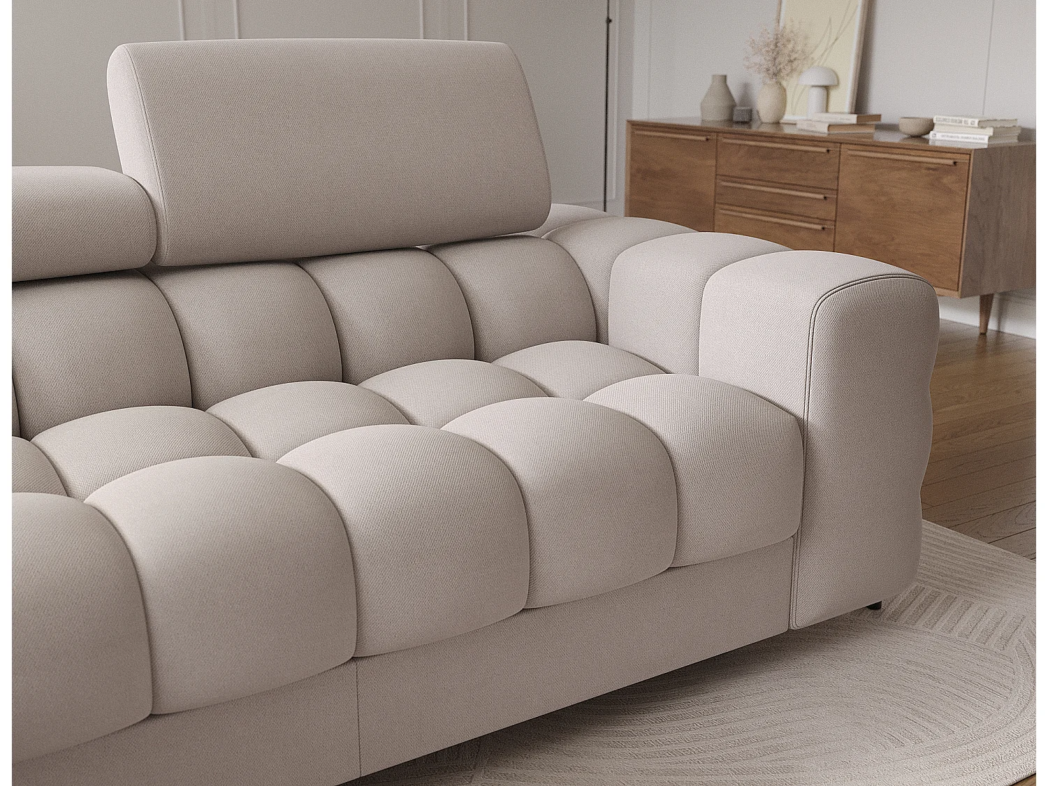 Canapé d'angle Roman en tissu beige avec coffre de lit et dossier réglable - Convertible Bz - Habitat contemporain