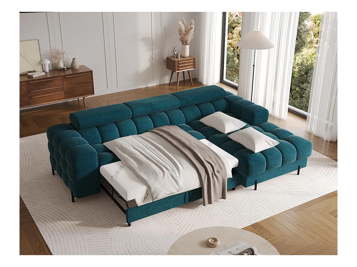 Ecksofa Roman R/Stoffbezug-Bouclé/Blaugrün