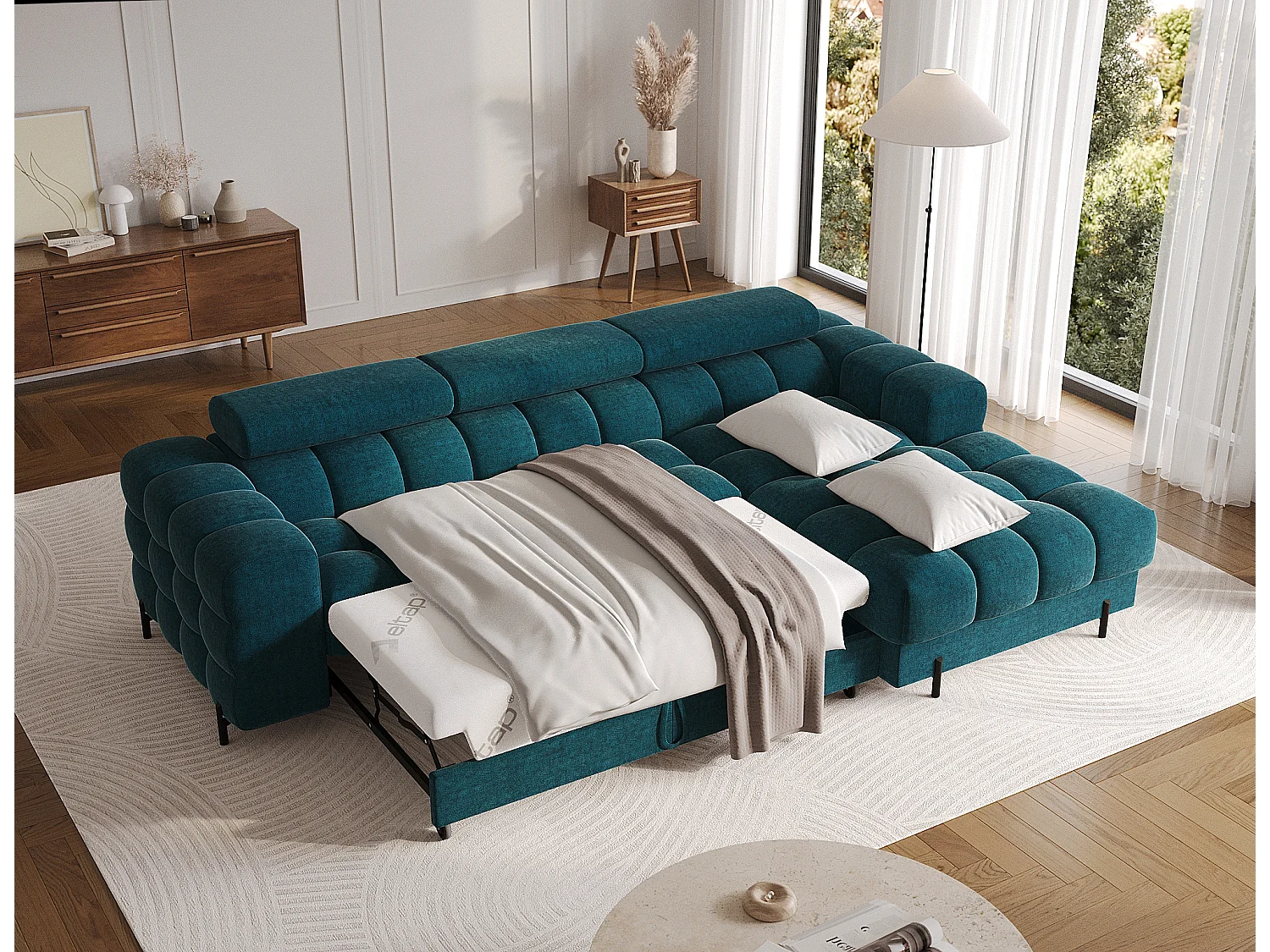 Canapé d'angle Roman R/revêtement tissu bouclé/bleu-vert