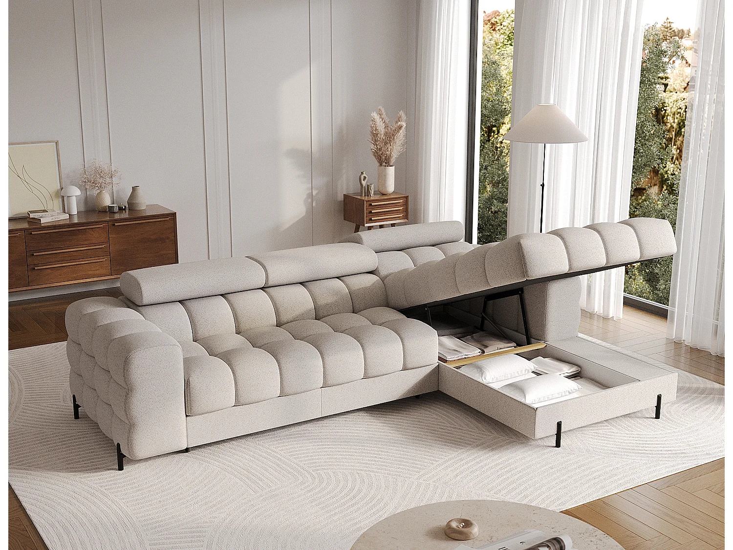 Divano d'angolo Roman R/rivestimento in tessuto-Bouclé/Beige