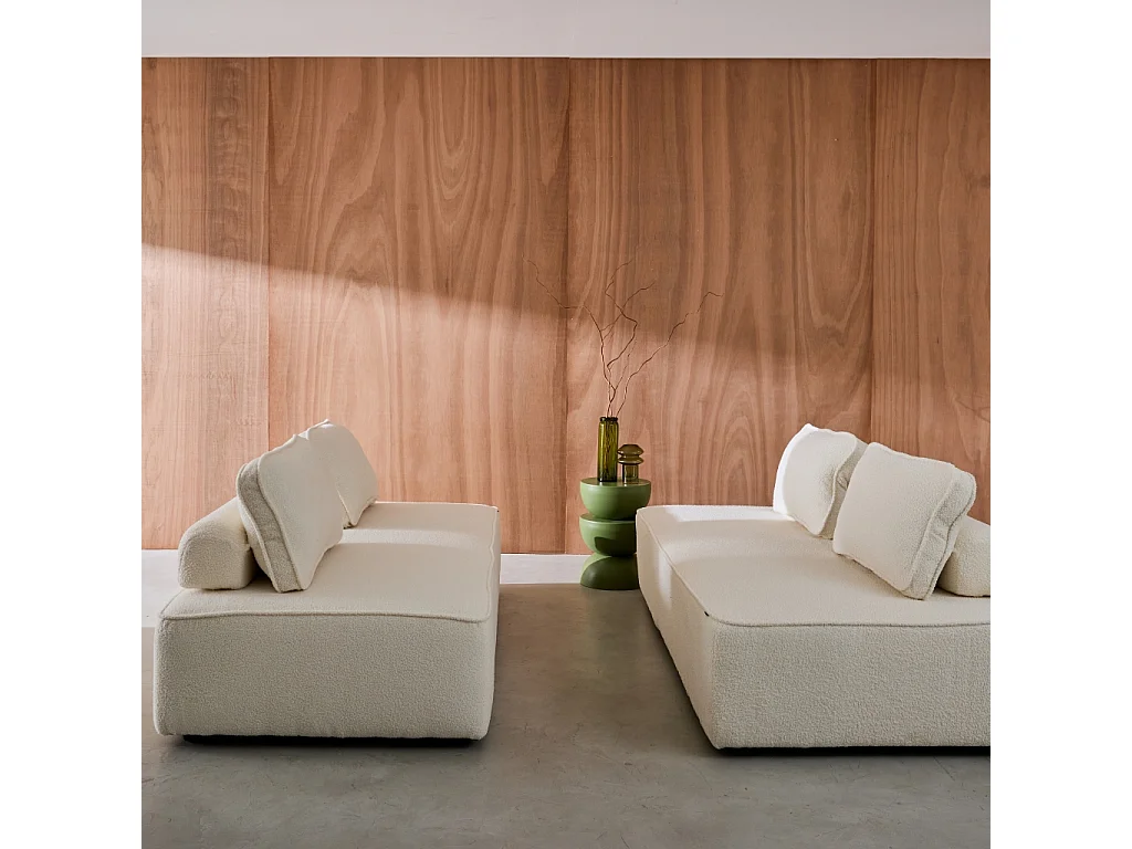 Set de 2 chauffeuses pour canapé modulable tissu bouclette crème 2 places Bao. L 180 x P 90 x H 74cm