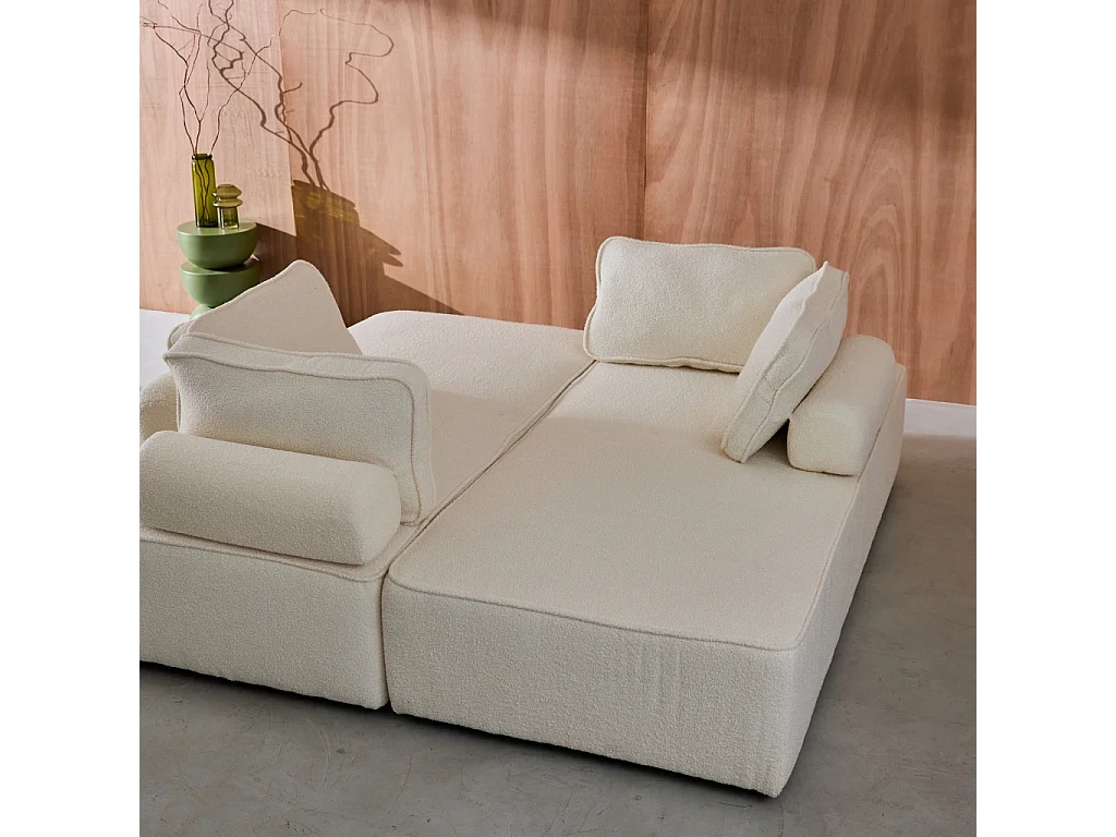 Set de 2 chauffeuses pour canapé modulable tissu bouclette crème 2 places Bao. L 180 x P 90 x H 74cm