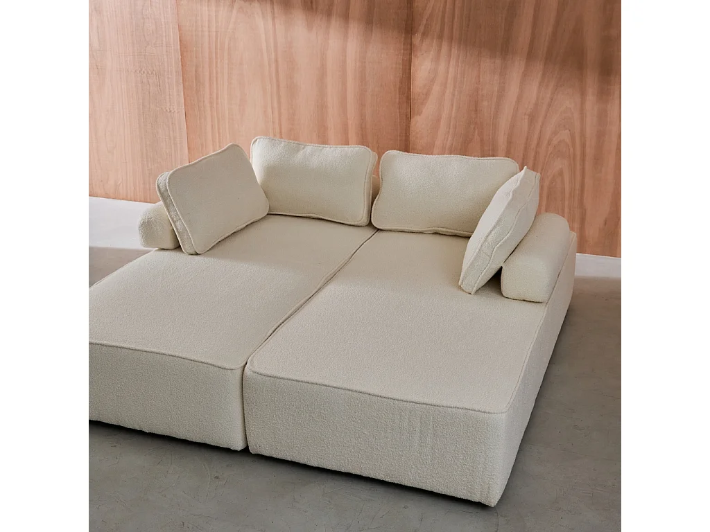 Set de 2 chauffeuses pour canapé modulable tissu bouclette crème 2 places Bao. L 180 x P 90 x H 74cm