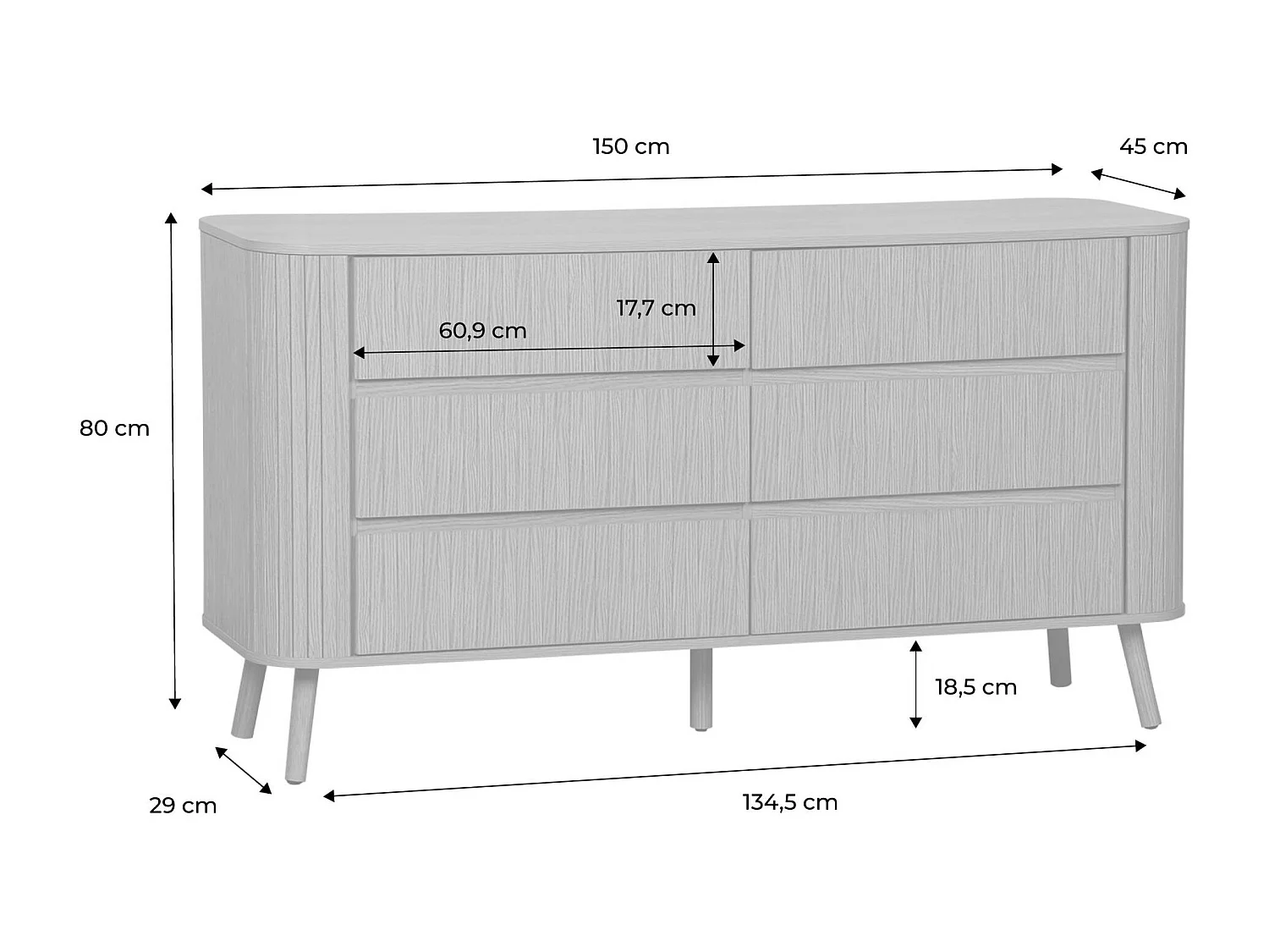 Commode 6 tiroirs. décor strié naturel. L 150 x P 45  H 80cm