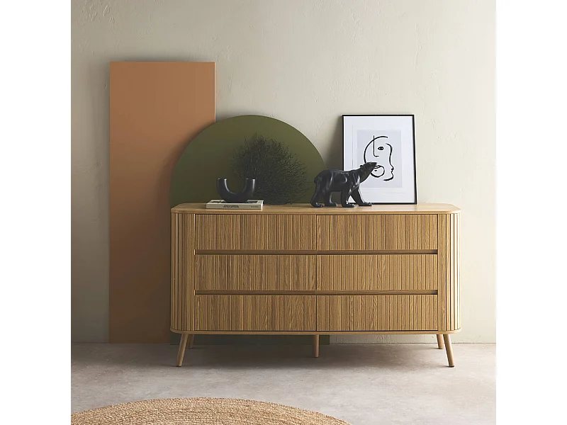 Commode 6 tiroirs. décor strié naturel. L 150 x P 45  H 80cm