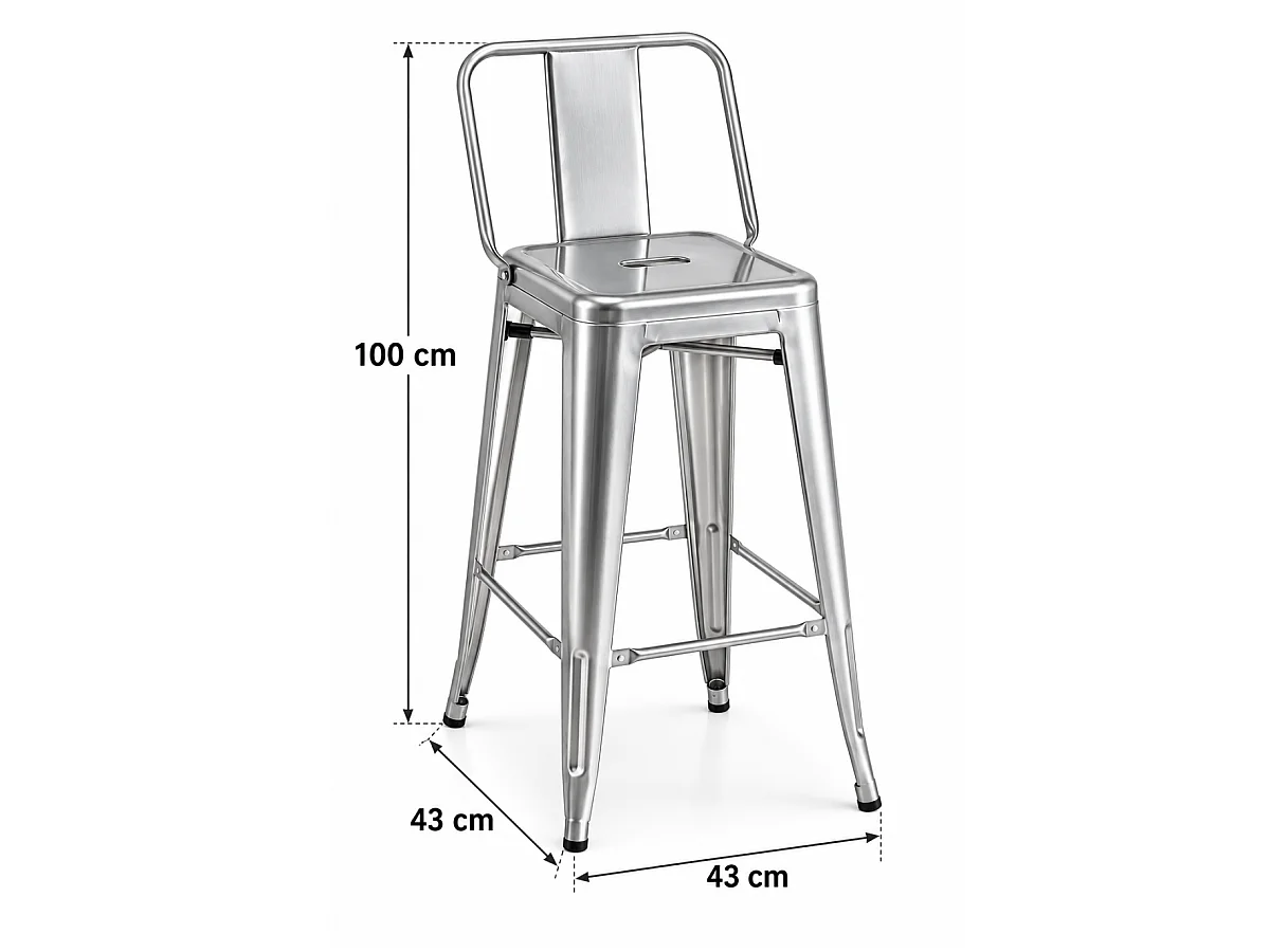 Taburete de metal con respaldo acabado plata, 100 cm(alto)43 cm(ancho)43 cm(largo)