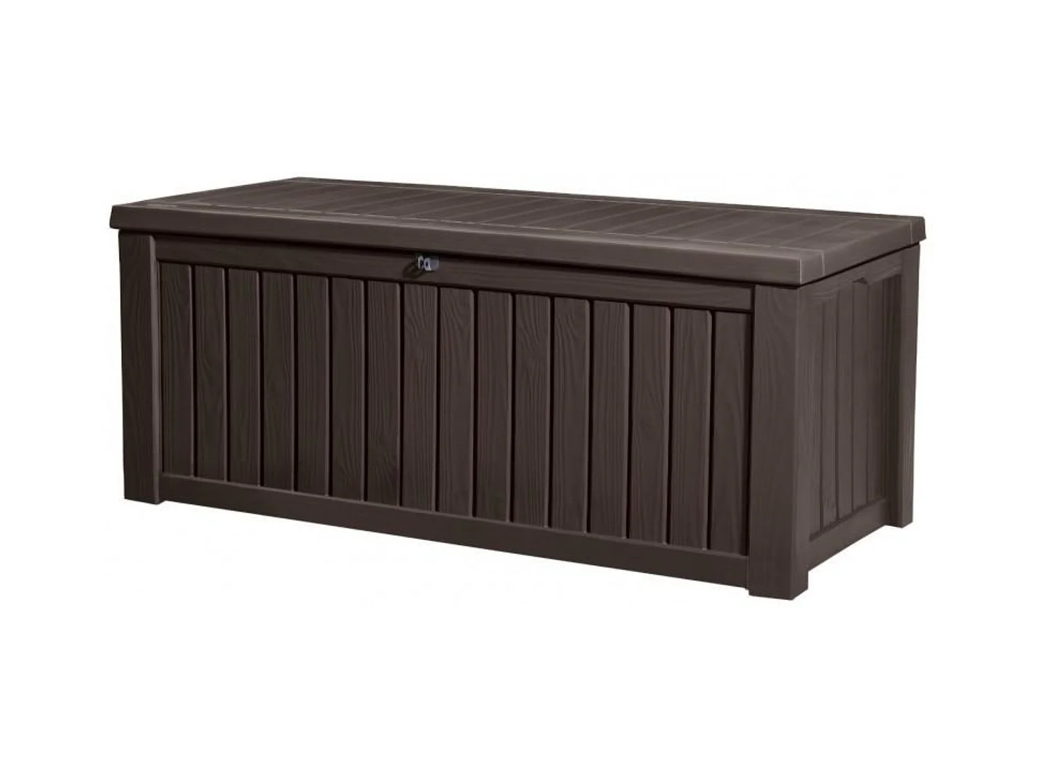 Baúl de exterior "Rock" de resina con efecto madera, amplio, 155 x 72,4 cm, 64,4 cm de alto.