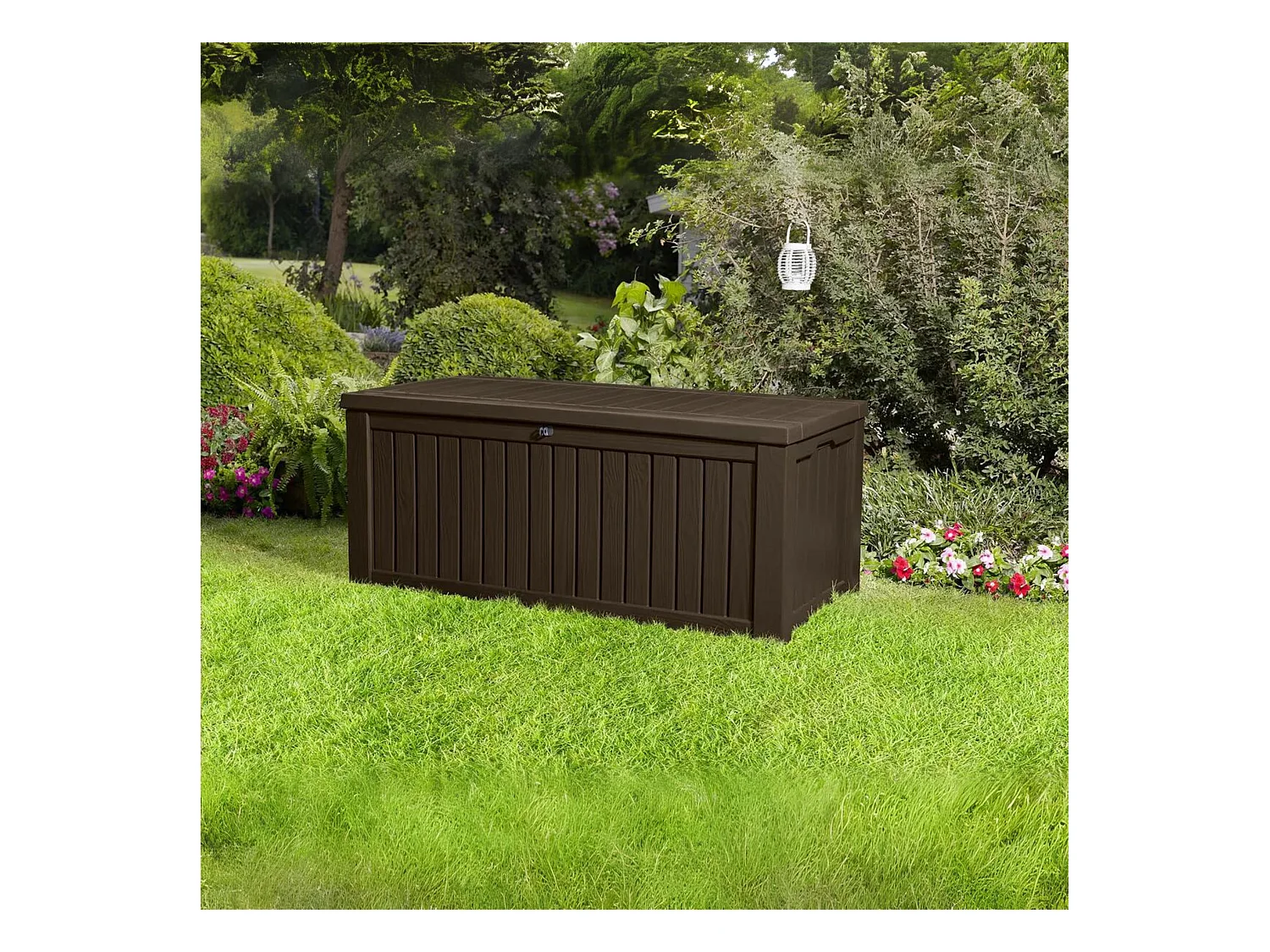 Baúl de exterior "Rock" de resina con efecto madera, amplio, 155 x 72,4 cm, 64,4 cm de alto.