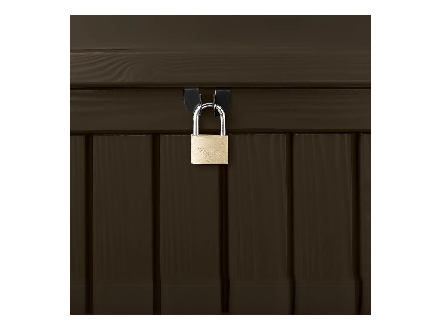 Baúl de exterior "Rock" de resina con efecto madera, amplio, 155 x 72,4 cm, 64,4 cm de alto.