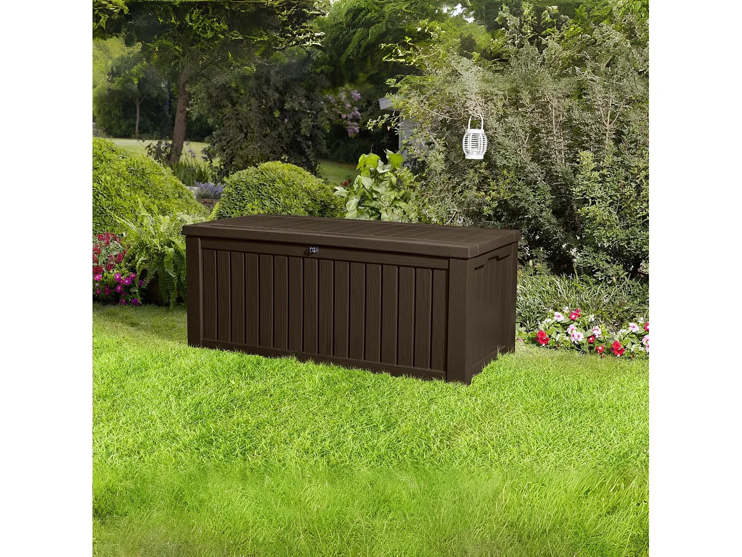 Baúl de exterior "Rock" de resina con efecto madera, amplio, 155 x 72,4 cm, 64,4 cm de alto.