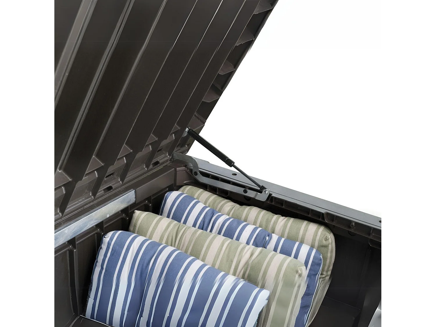 Baúl de exterior "Rock" de resina con efecto madera, amplio, 155 x 72,4 cm, 64,4 cm de alto.