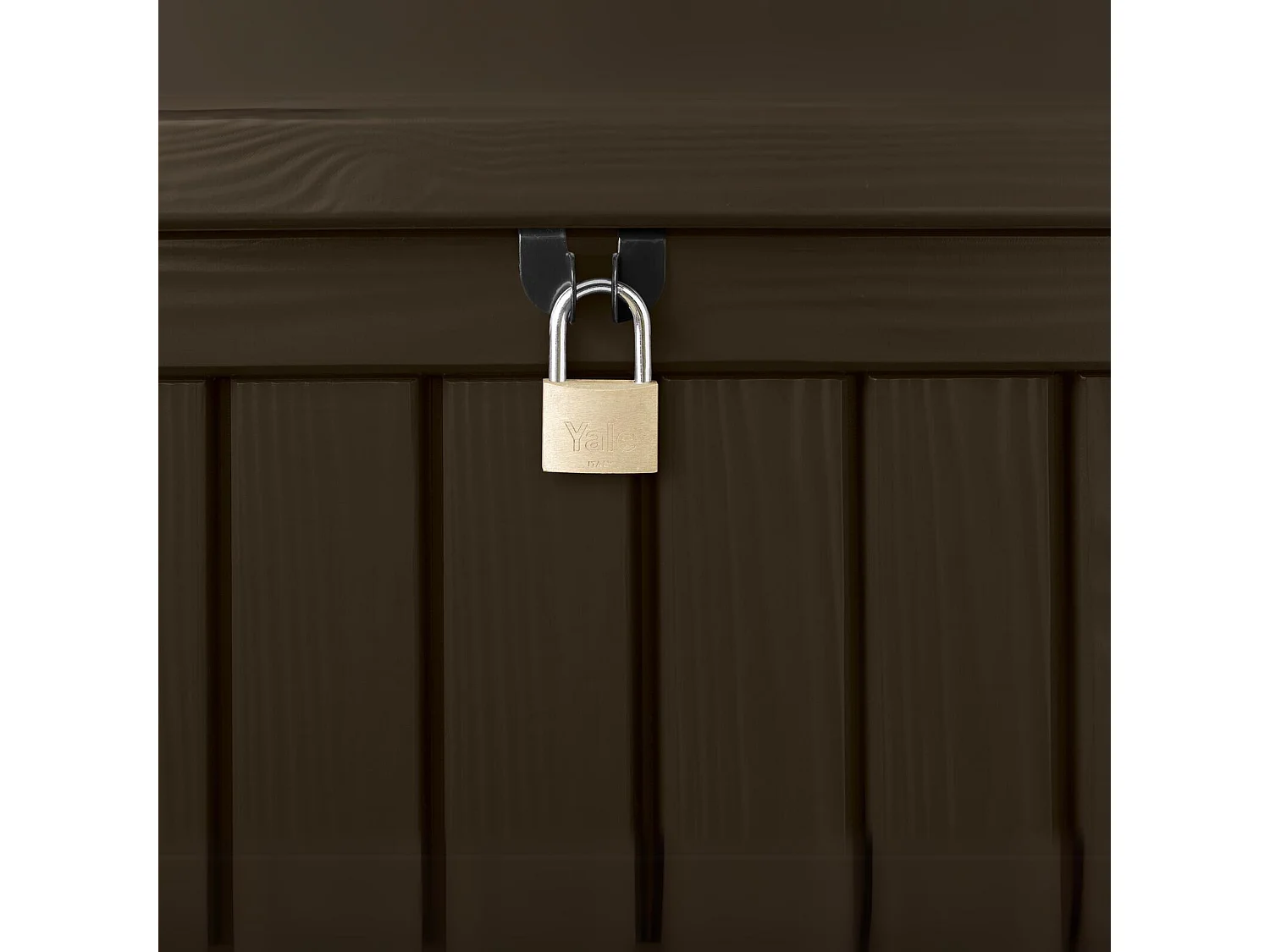 Baúl de exterior "Rock" de resina con efecto madera, amplio, 155 x 72,4 cm, 64,4 cm de alto.