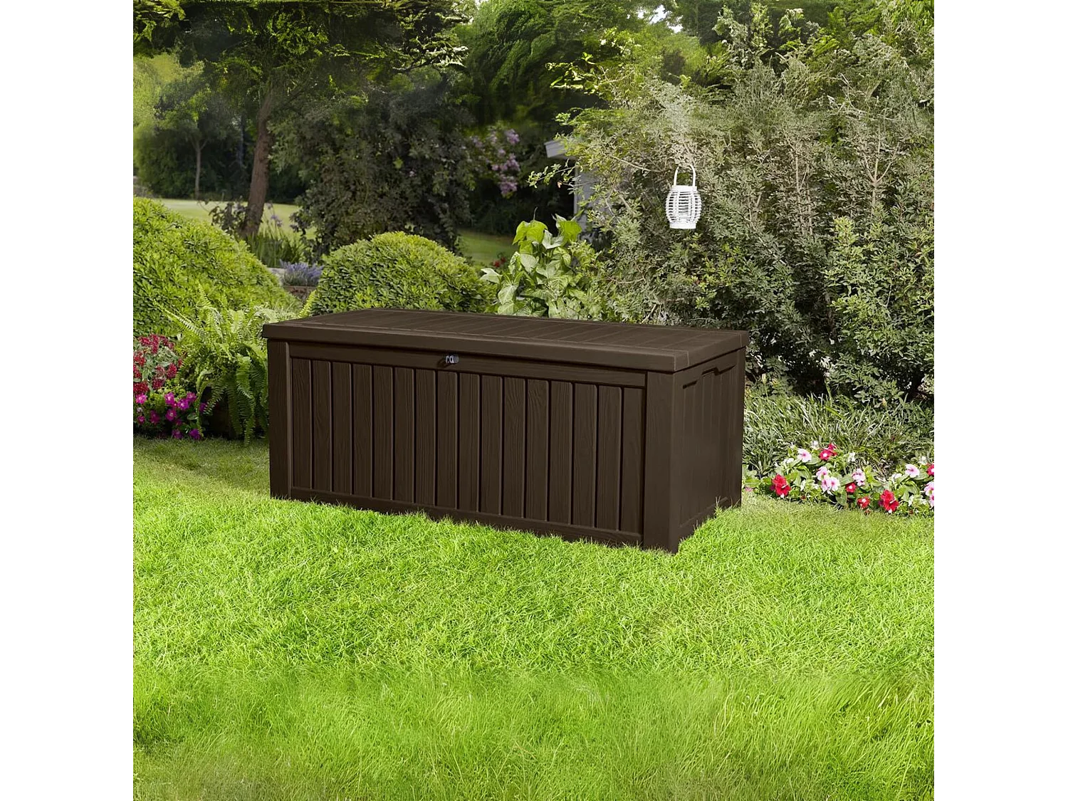 Baule in resina da esterno "Rock" effetto legno capiente cm 155x72,4 64,4h