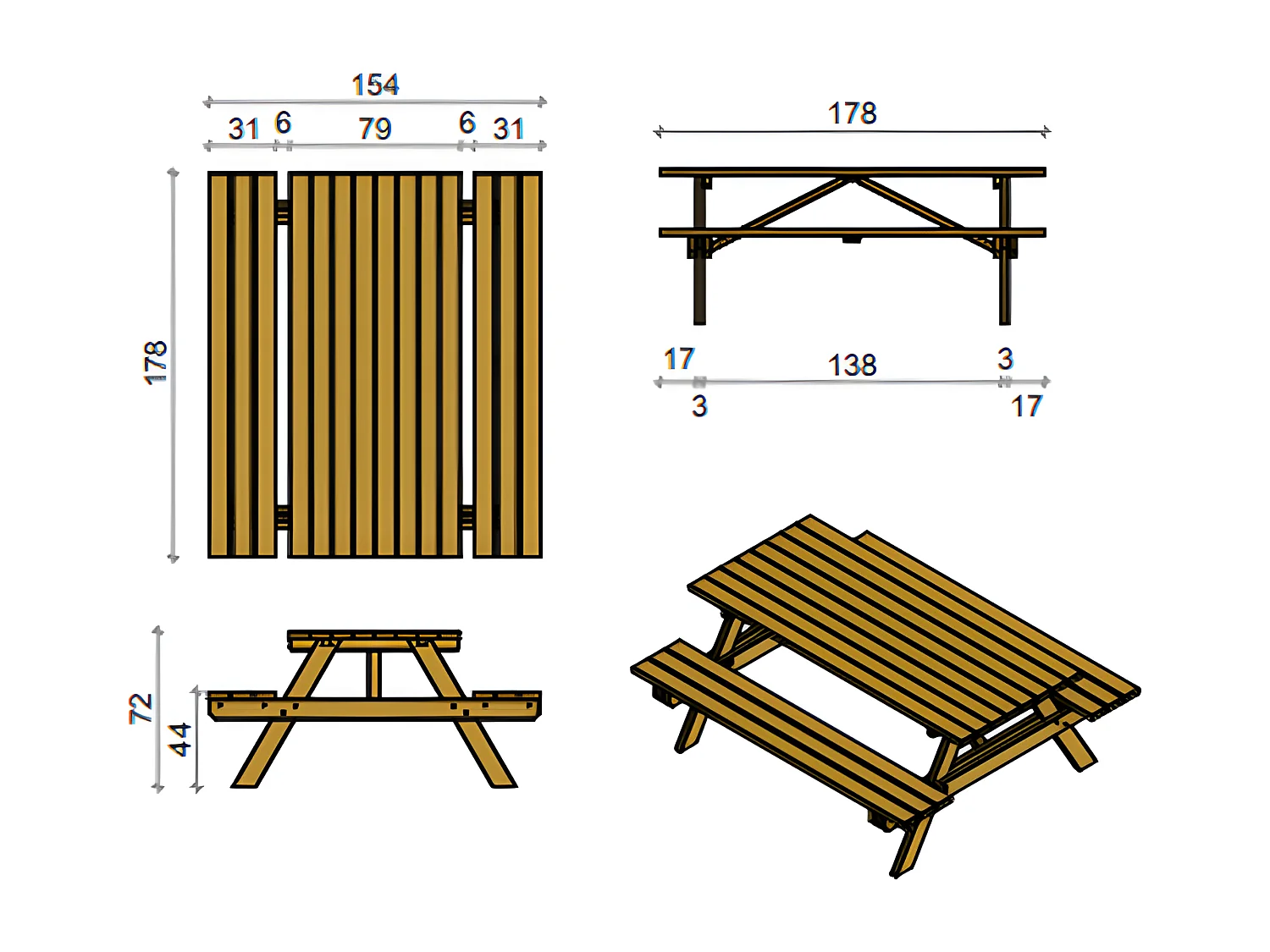Table d'extérieur "Easy" en bois de pin traité autoclave cm 178x154 72h