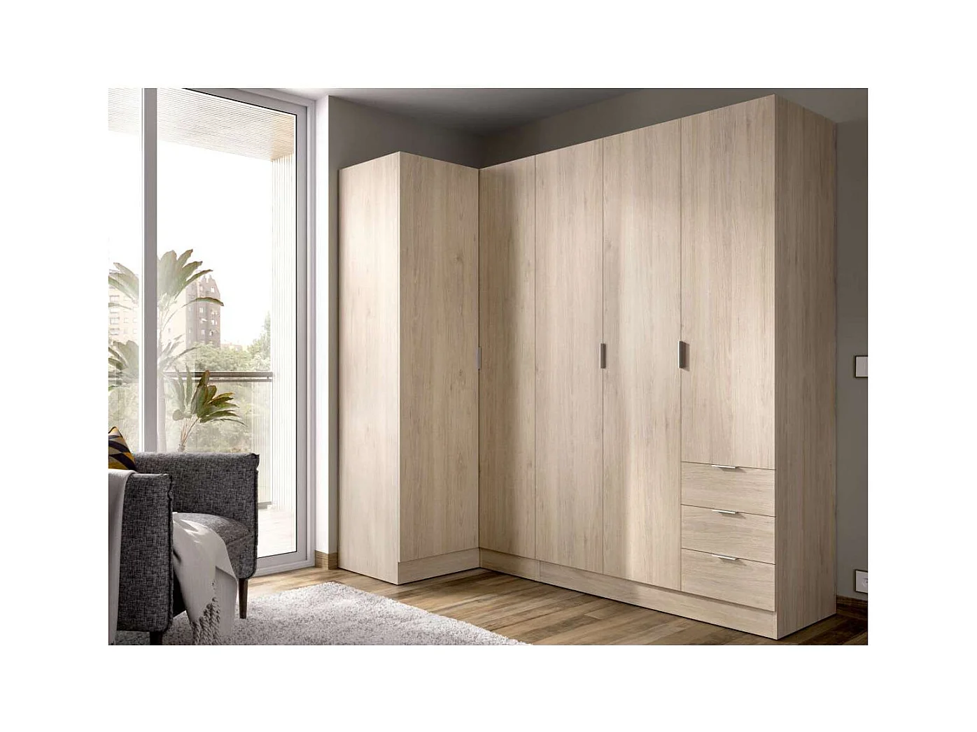Armario ropero rincón puertas abatibles Jaén I acabado natural, 184 cm(alto)213.5 cm(anc