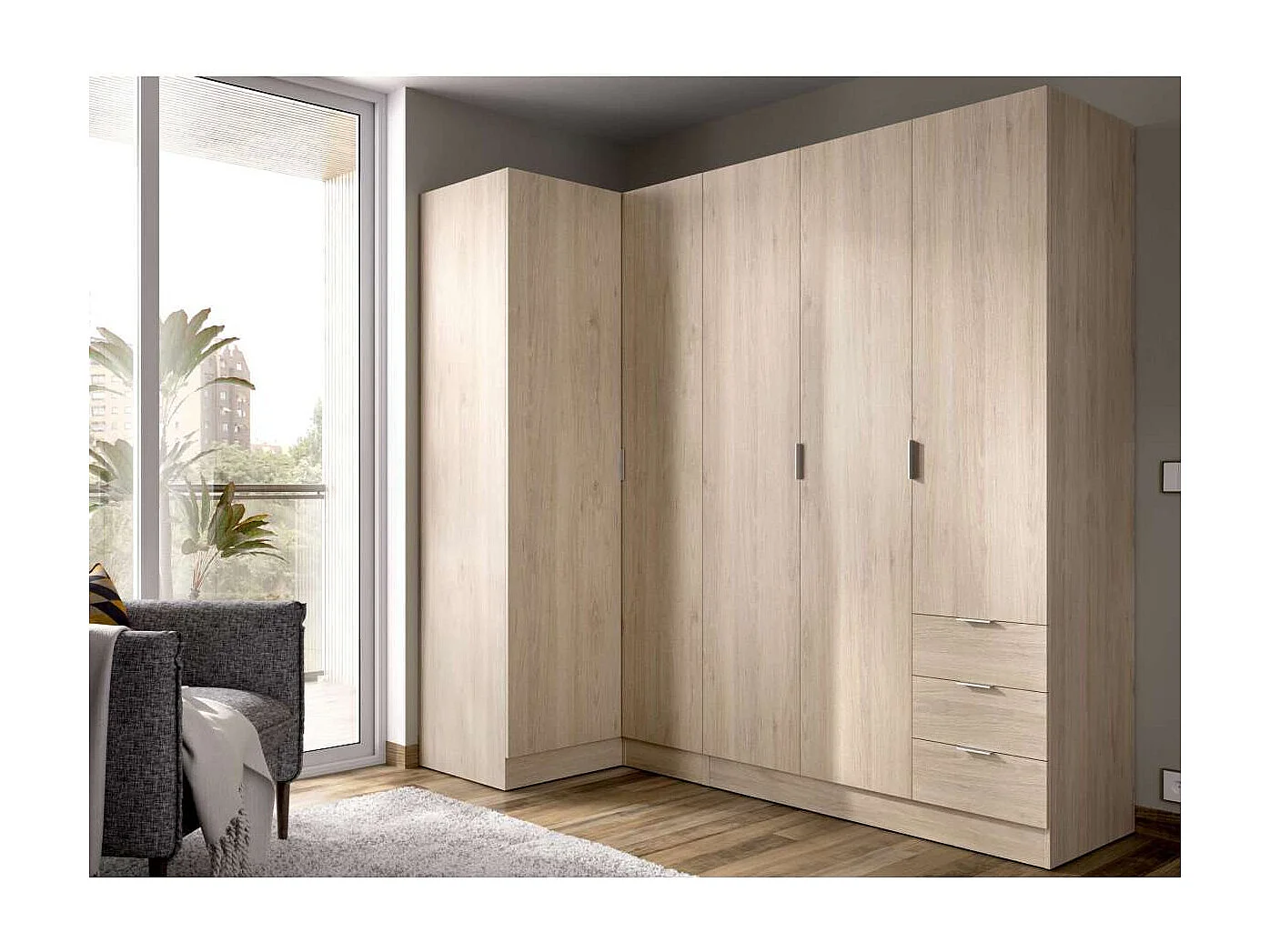 Armario ropero rincón puertas abatibles Jaén I acabado natural, 184 cm(alto)213.5 cm(anc