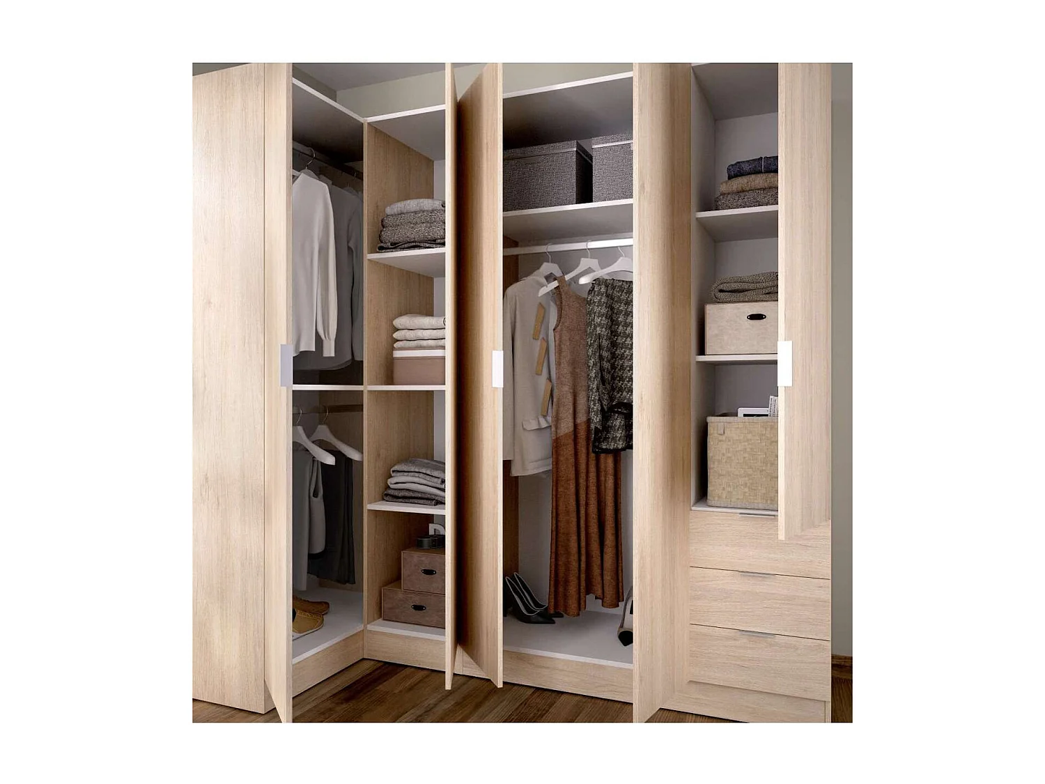 Armario ropero rincón puertas abatibles Jaén I acabado natural, 184 cm(alto)213.5 cm(anc