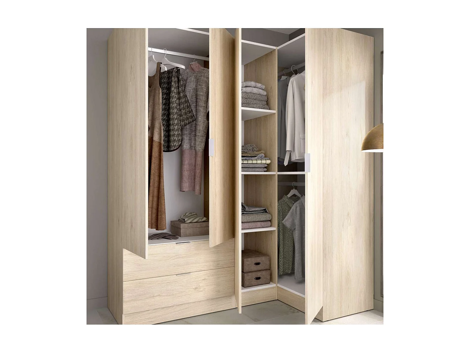 Armario ropero rincón puertas abatibles Jaén II acabado natural, 184 cm(alto)173.5 cm(an