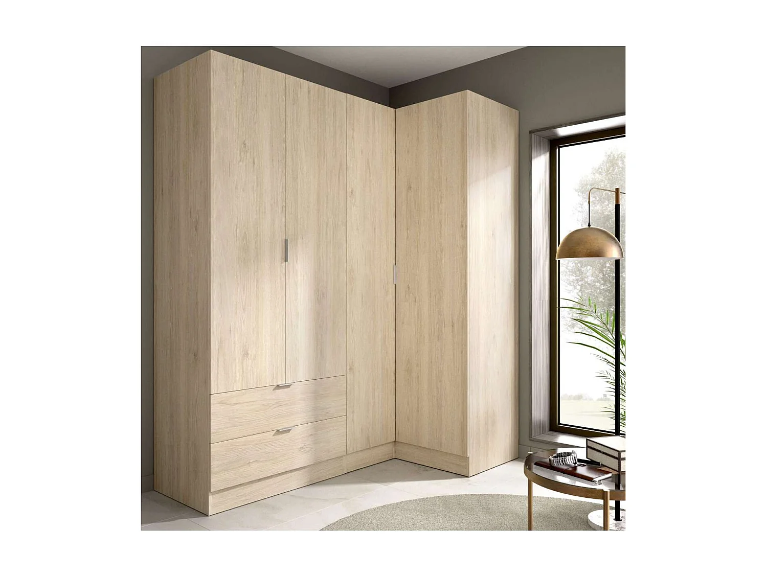 Armario ropero rincón puertas abatibles Jaén II acabado natural, 184 cm(alto)173.5 cm(an