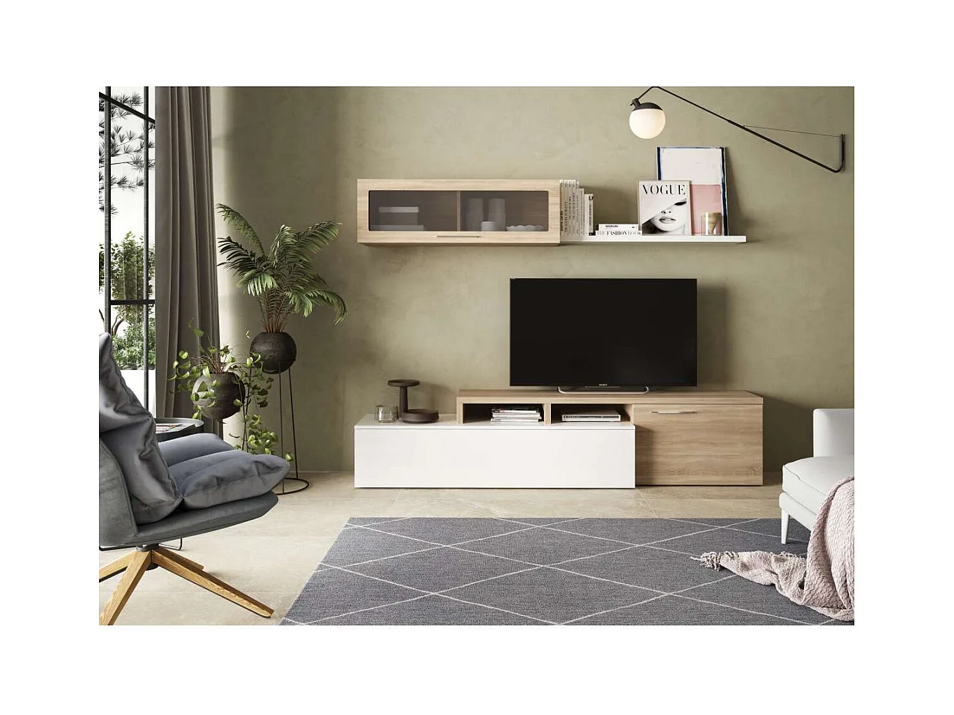 Mueble de salón Nex en roble canadian/ blanco brillo, 200cm(alto) 200cm(ancho) 34cm(largo